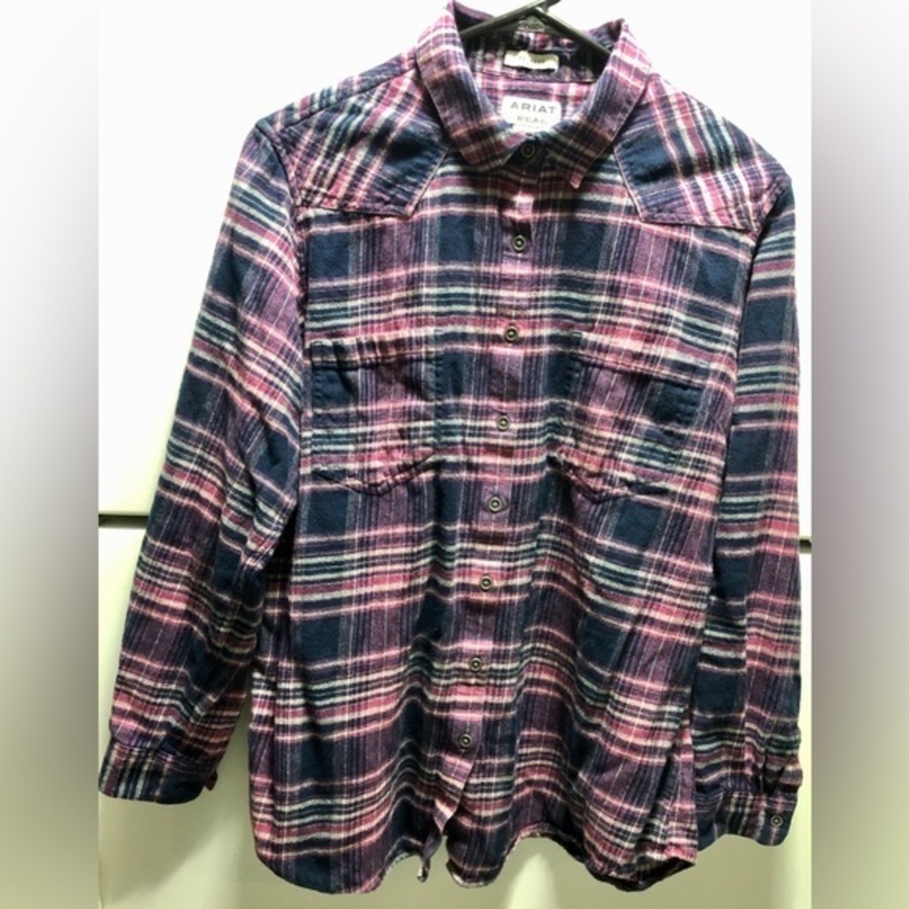 💫Ariat REAL Relaxed Fit Plaid Flannel Western Shirt Pink Purple Blue